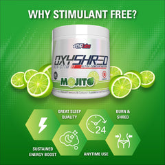 OxyShred Mojito powder dissolves clearly in water for smooth energy.