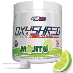 EHP Labs OxyShred Mojito powder in a jar for stimulant-free energy support.