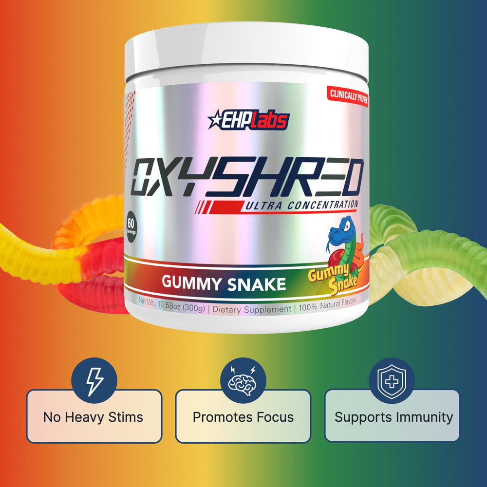 EHP Labs OxyShred gummy snake packaging on shelf highlighting USA manufacturing.