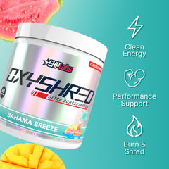 Glass of prepared OxyShred showing vibrant Bahama Breeze color.
