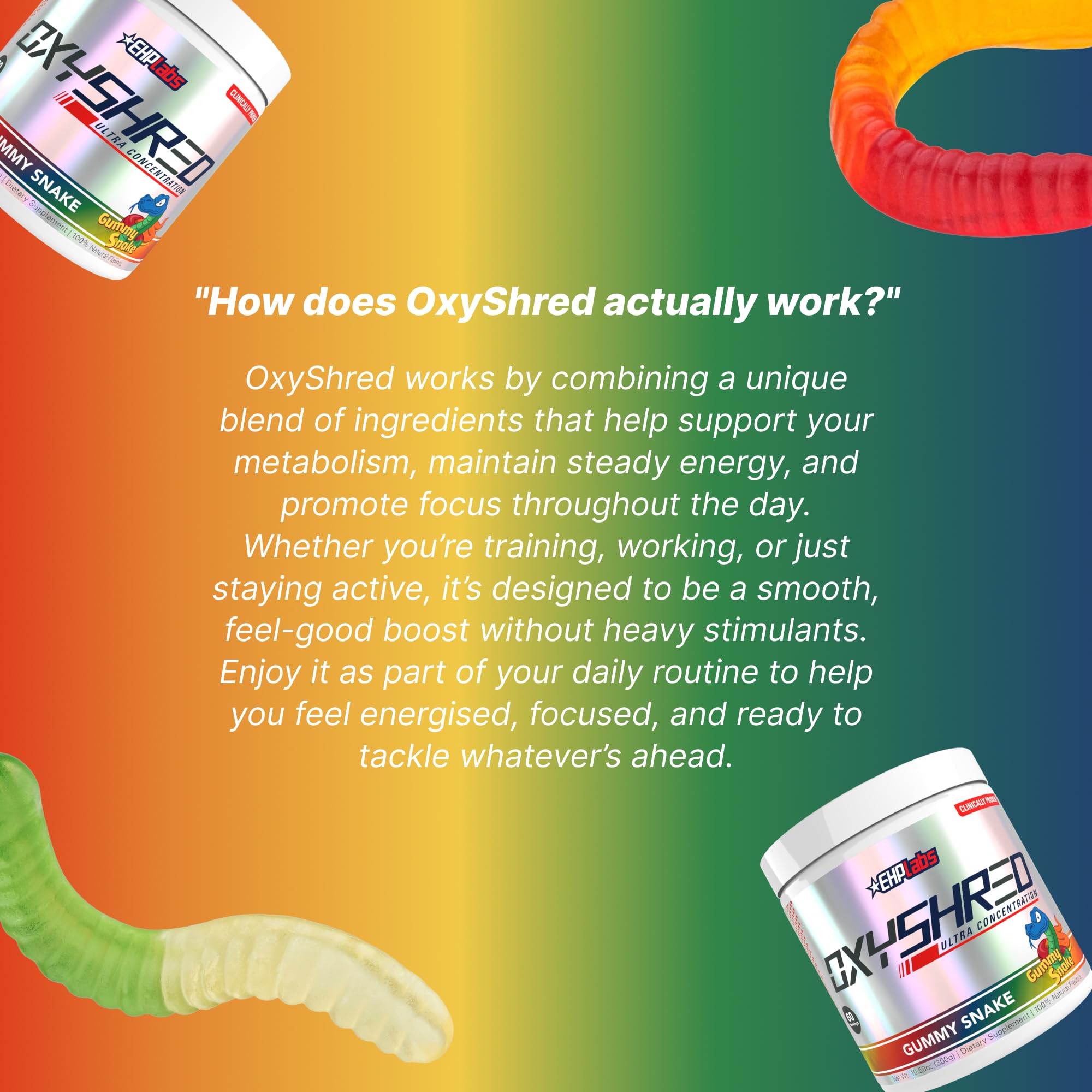 EHP Labs OxyShred gummy snake serving cup ready for daily use.