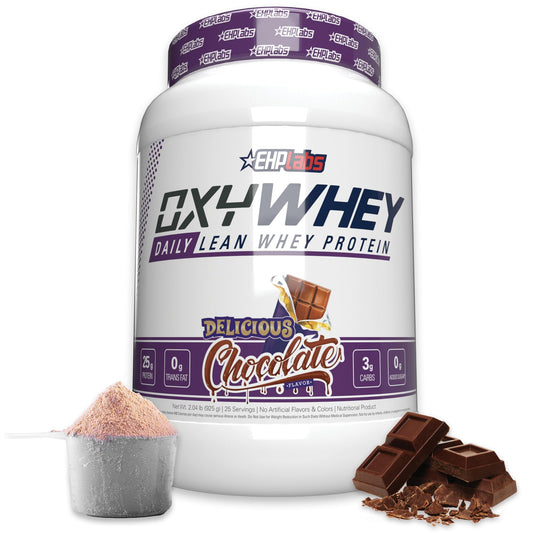 EHP Labs OxyWhey bottle front view, a high-protein option for workouts.