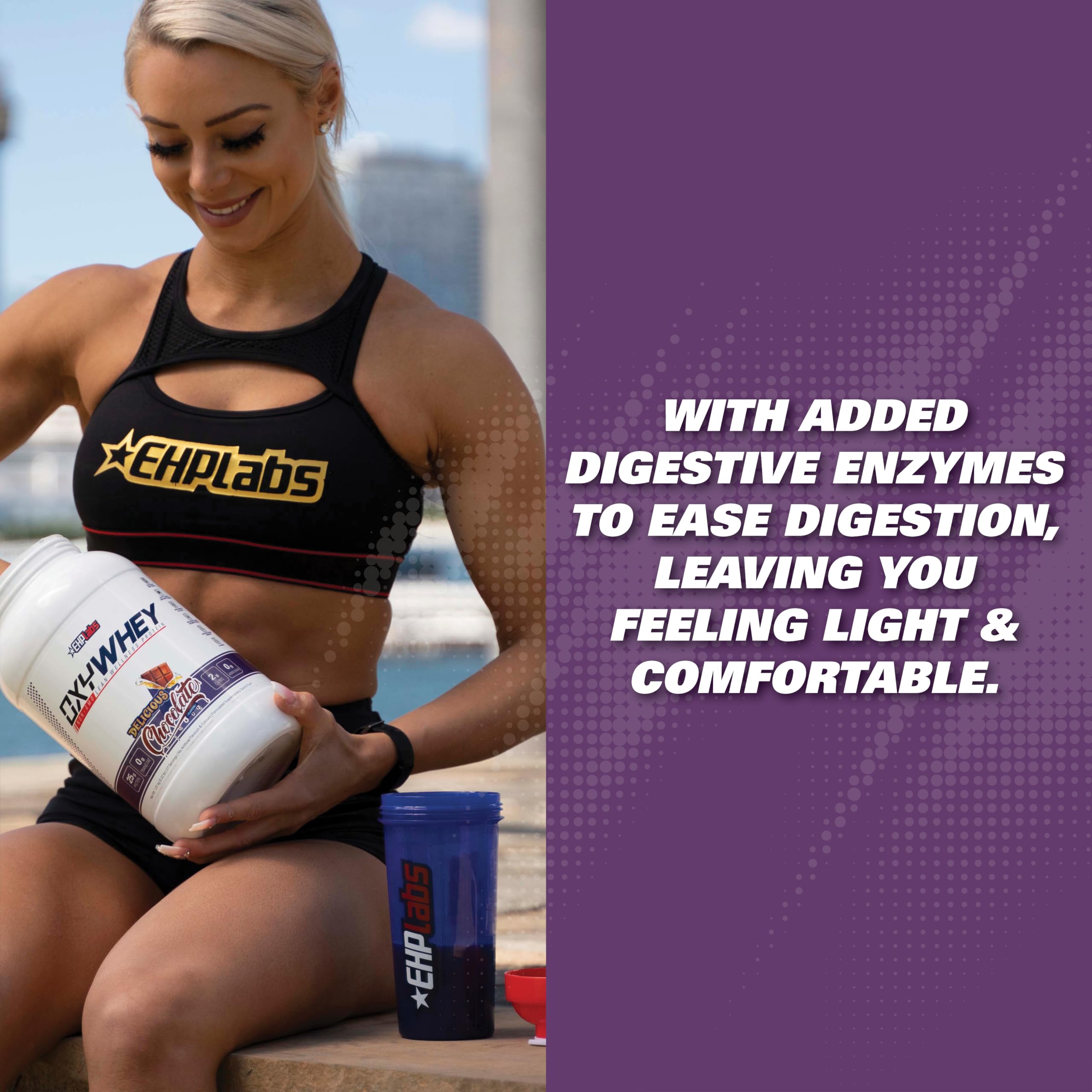 OxyWhey bottle back nutrition panel highlighting protein and carb data.