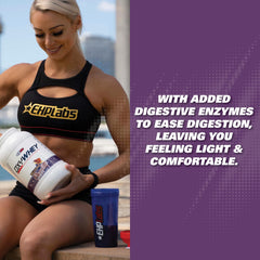 OxyWhey bottle back nutrition panel highlighting protein and carb data.
