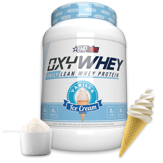 EHP Labs OxyWhey protein bottle highlights high-quality isolate for post-workout recovery.