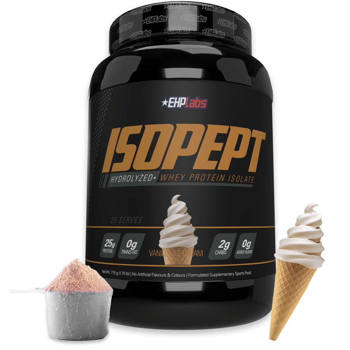 EHPlabs IsoPept tub front showing vanilla label for premium protein.