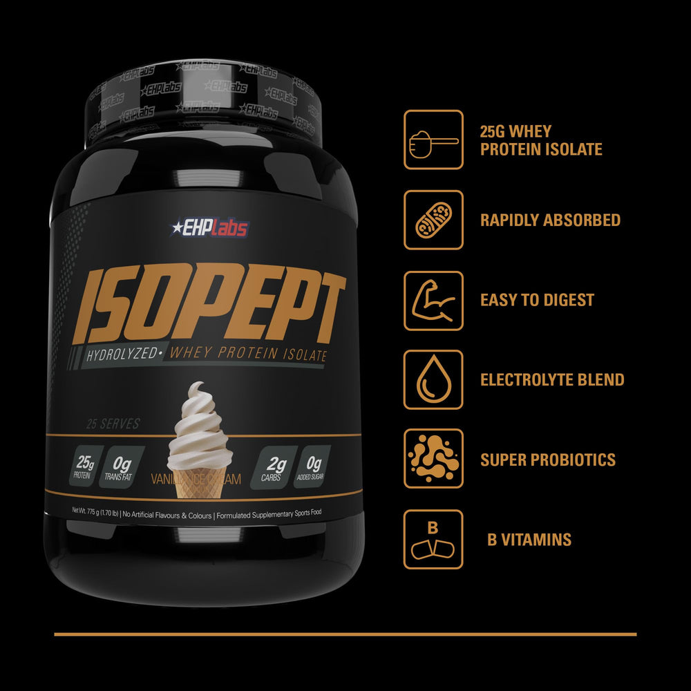 EHPlabs IsoPept vanilla ice-cream flavor with smooth, fast-absorbing protein.