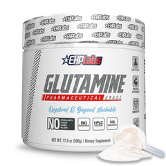 EHP Labs L-Glutamine powder bottle label emphasizes quality and lean muscle support.