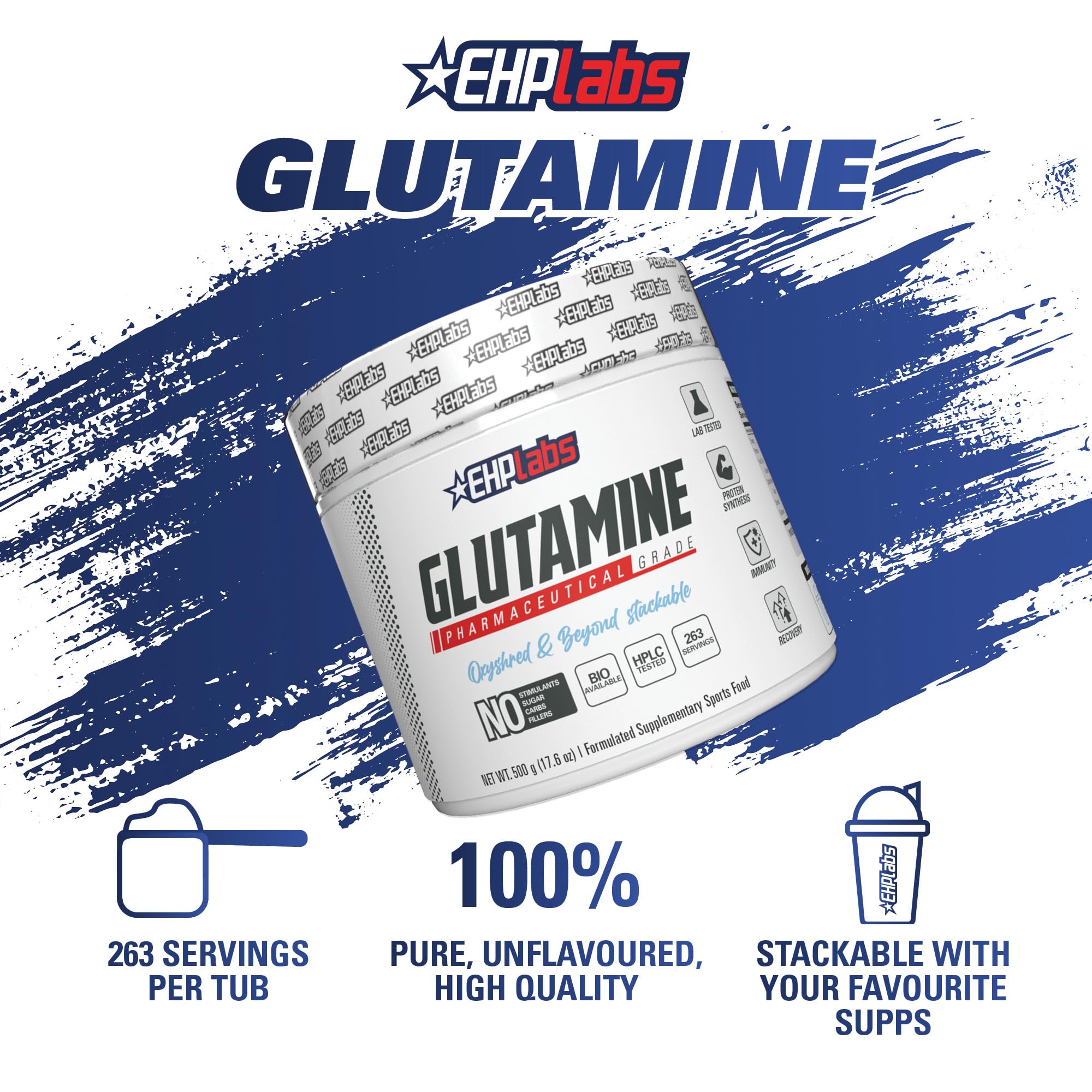 EHP Labs L-Glutamine powder jar close-up shows premium texture and purity.