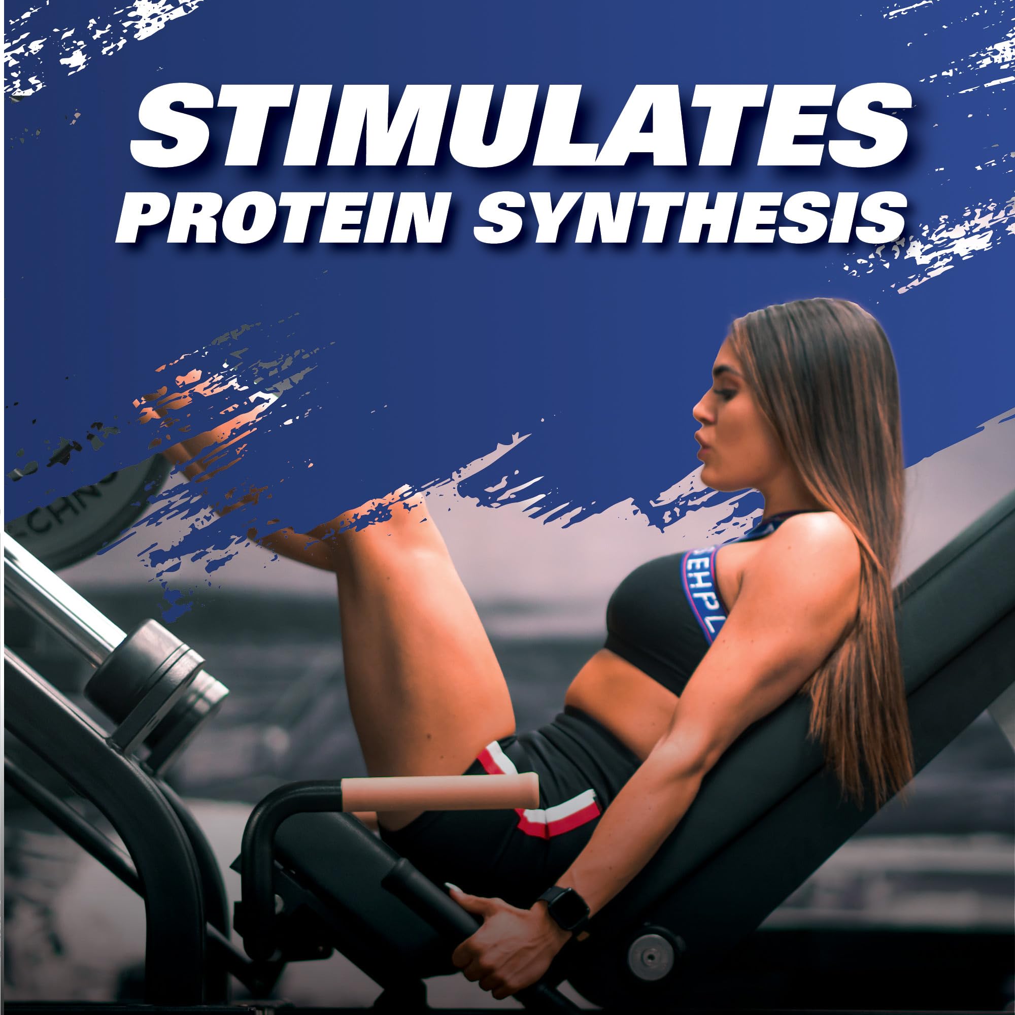 EHP Labs L-Glutamine powder beside a lean silhouette conveys muscle maintenance potential.