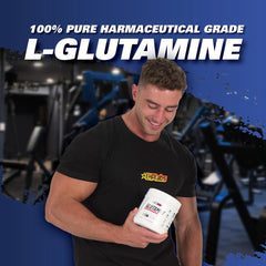 EHP Labs L-Glutamine powder infographic-style shot communicates quality and USA GMP standards.