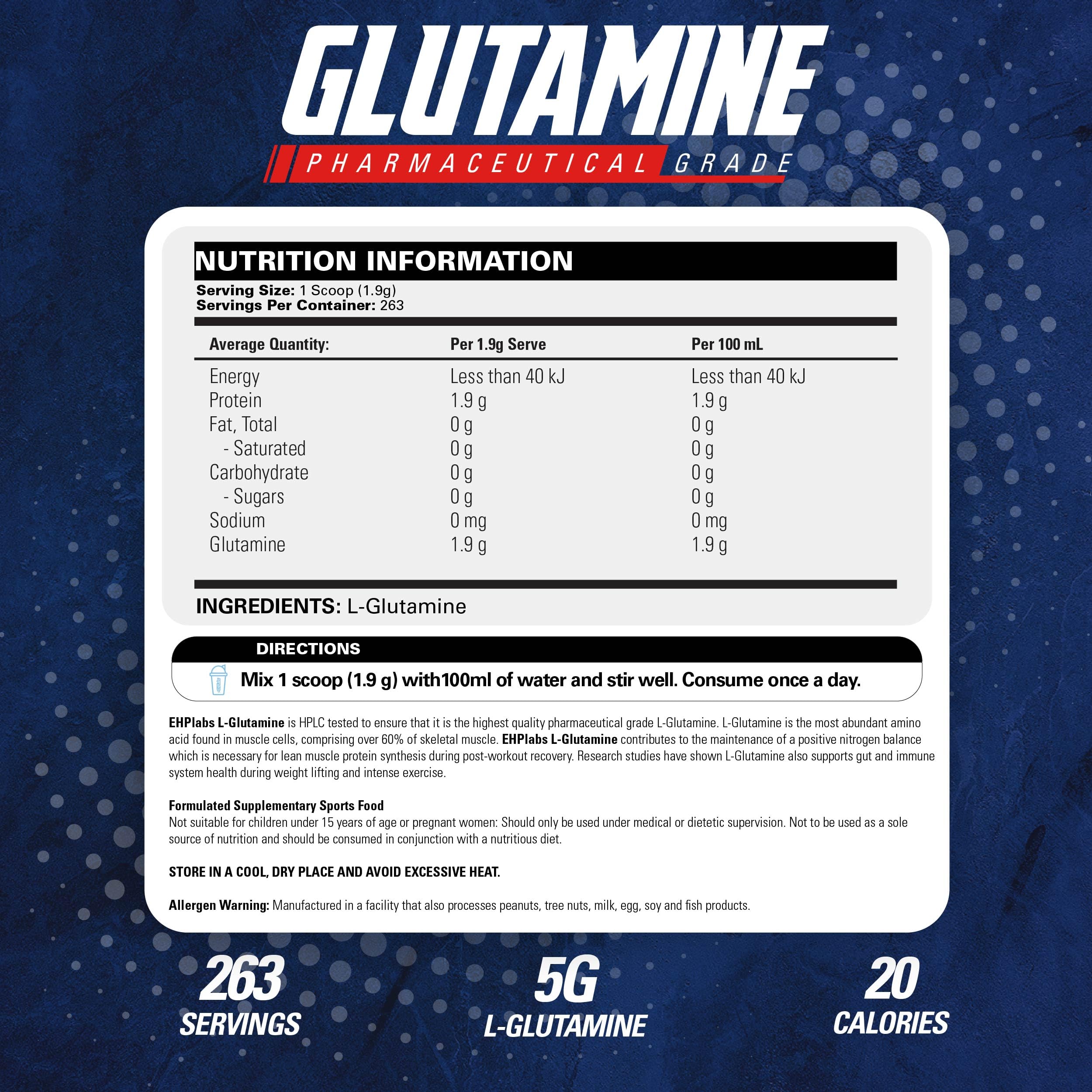 EHP Labs L-Glutamine powder scoop dispensing the serving for recovery-friendly nutrition.