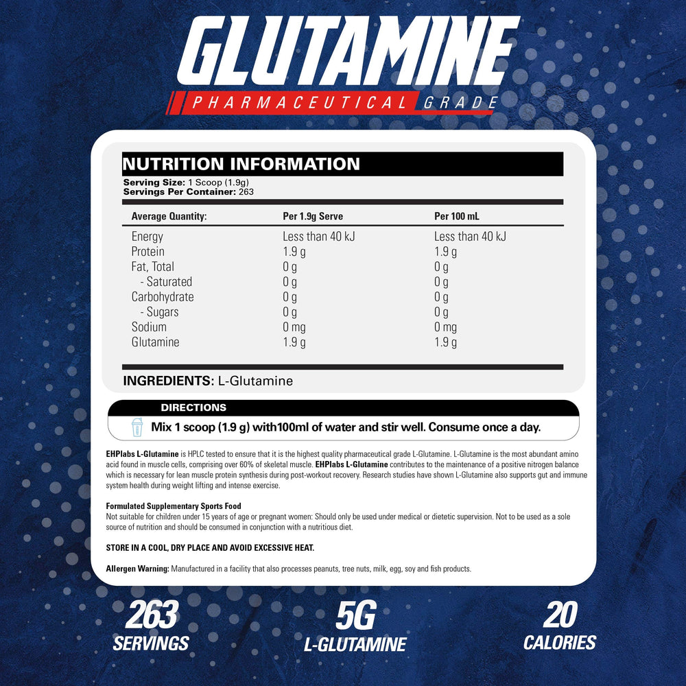 EHP Labs L-Glutamine powder scoop dispensing the serving for recovery-friendly nutrition.