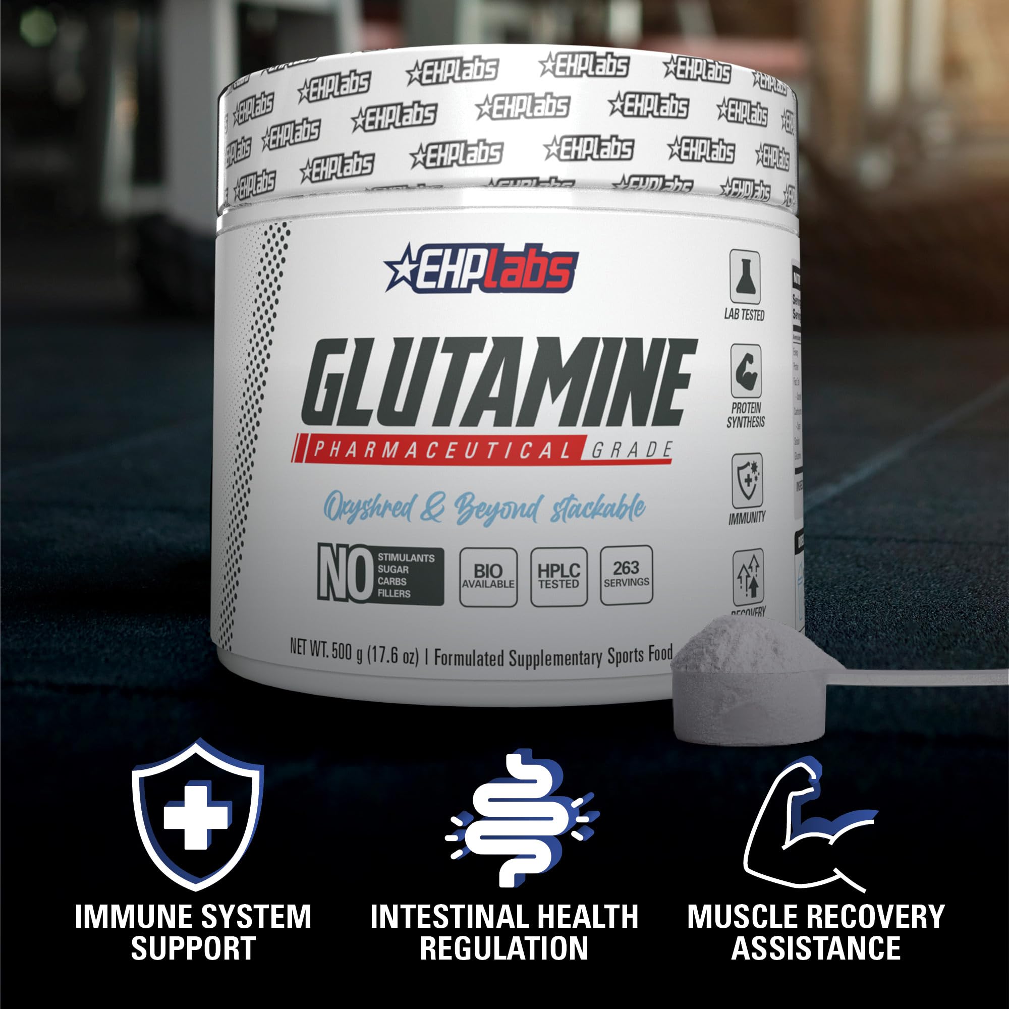 EHP Labs L-Glutamine powder stirred into juice highlights convenient gut and recovery benefits.