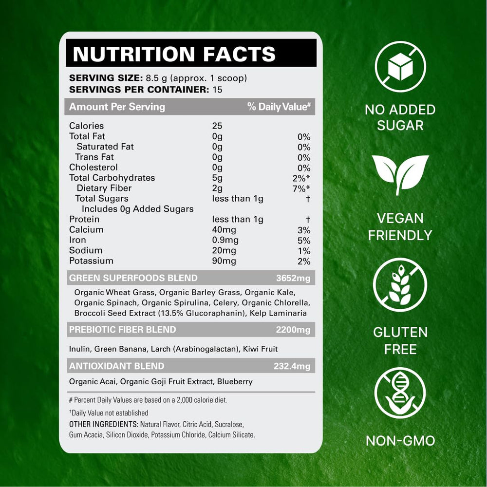 Scoop of OxyGreens with forest berries as a tasty add-in for smoothies.