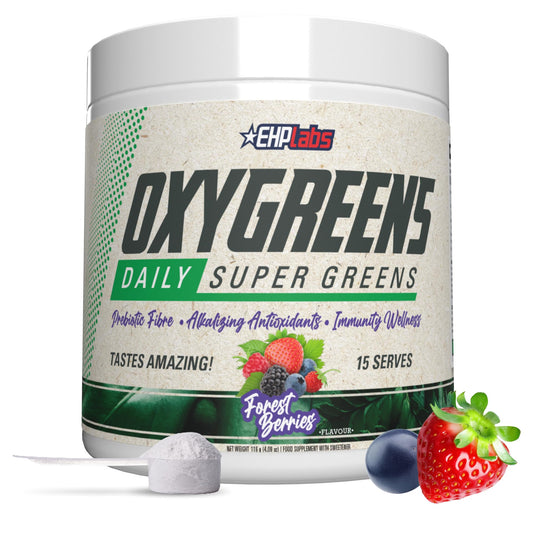 EHP Labs OxyGreens forest berries tub front for convenient daily greens supplement.