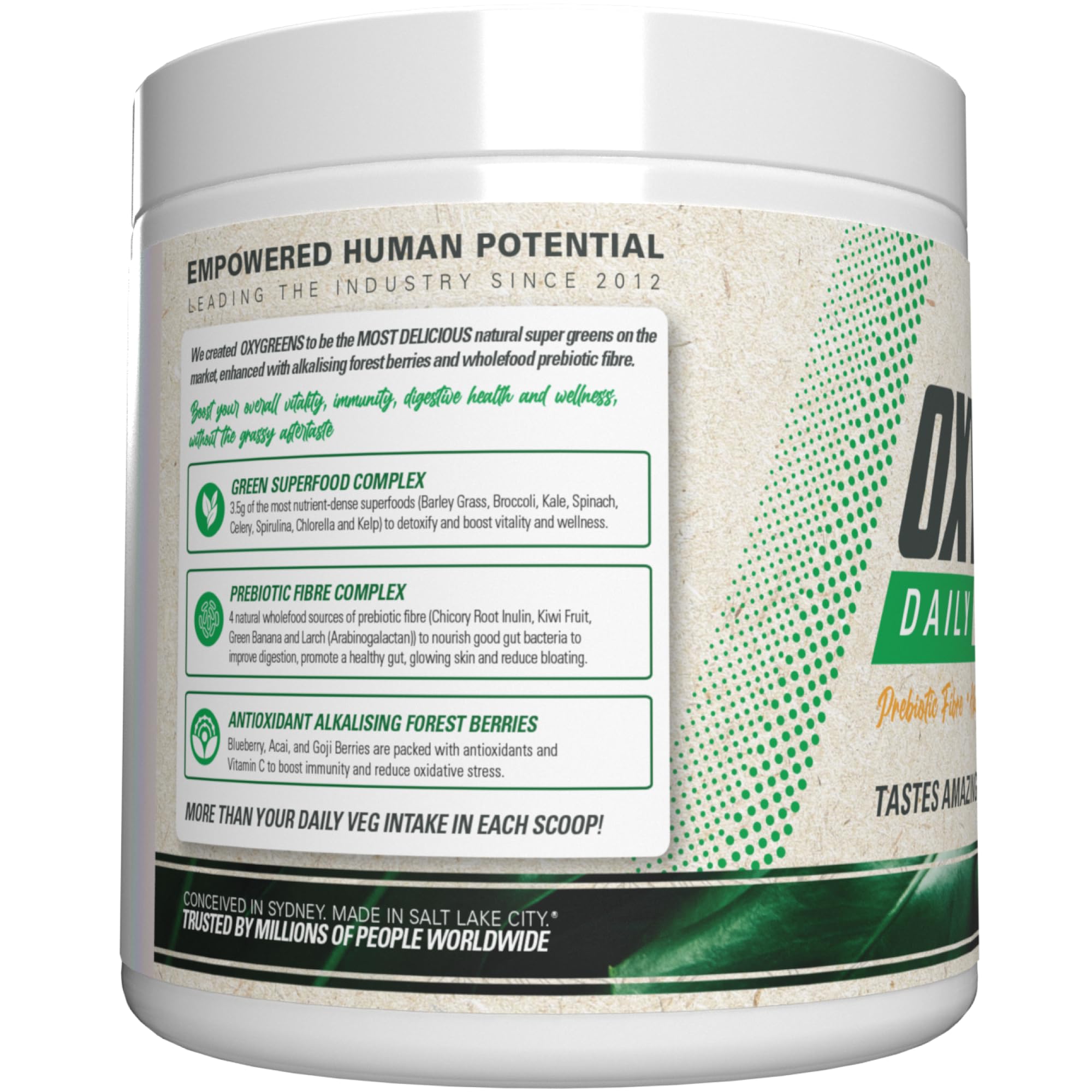 OxyGreens packaging highlights prebiotic, probiotic, and enzyme benefits.