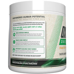 OxyGreens packaging highlights prebiotic, probiotic, and enzyme benefits.