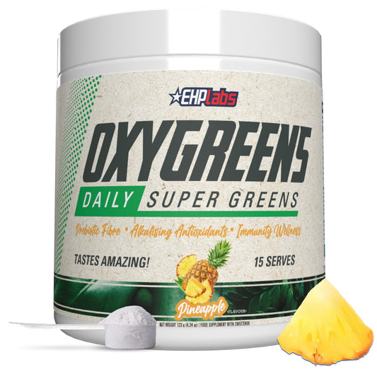 OxyGreens tub label with pineapple flavor for daily greens and energy.