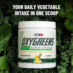 OxyGreens label highlights spirulina and chlorella ingredients.