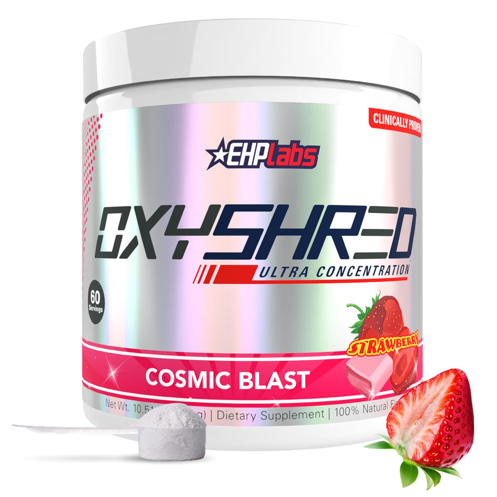 EHP Labs OxyShred Cosmic Blast tub with scoop ready for energy.