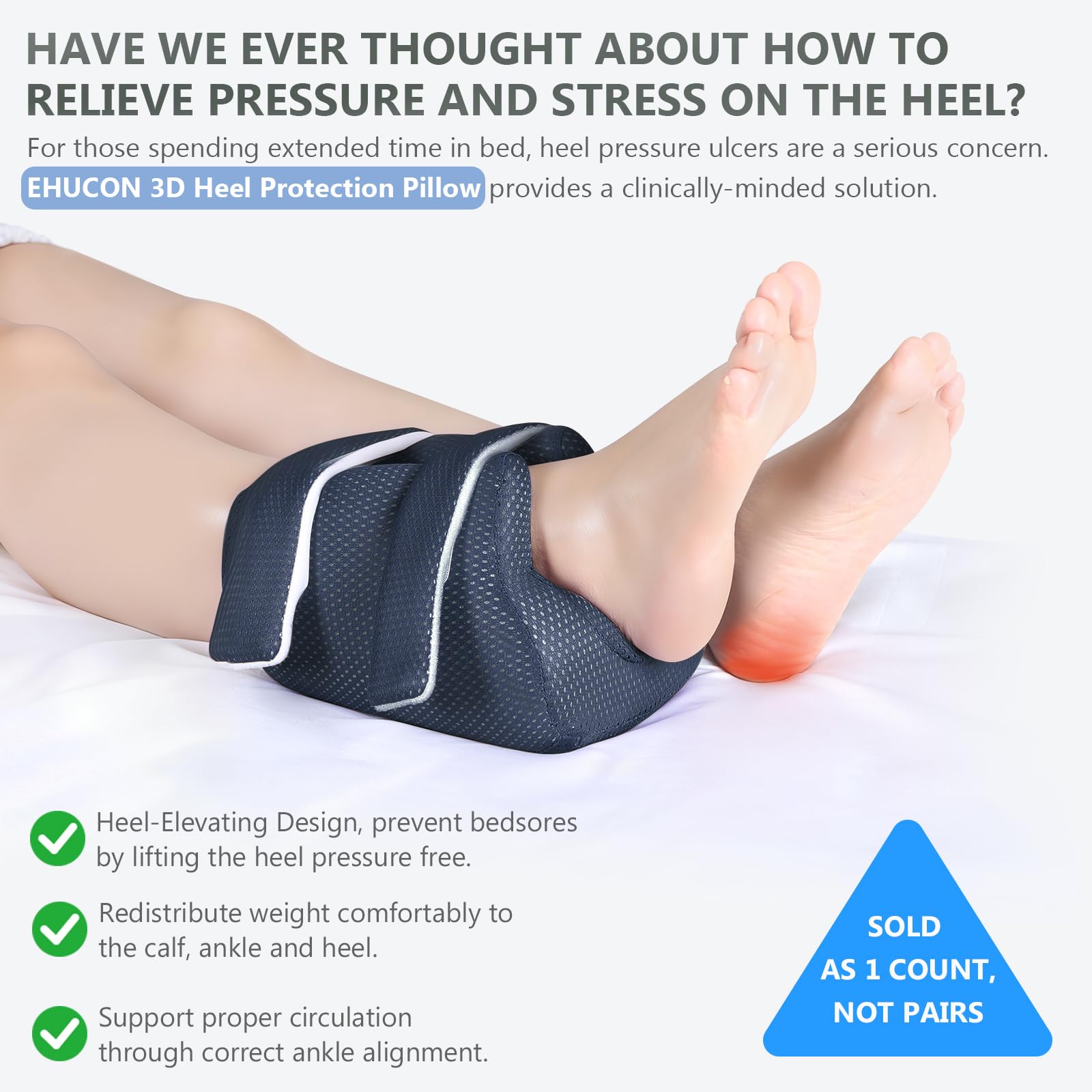 Ehucon ankle elevation pillow supports the foot while resting to reduce surface contact