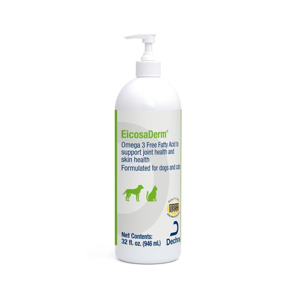 EicosaDerm Omega 3 bottle with dropper for dogs and cats, skin support