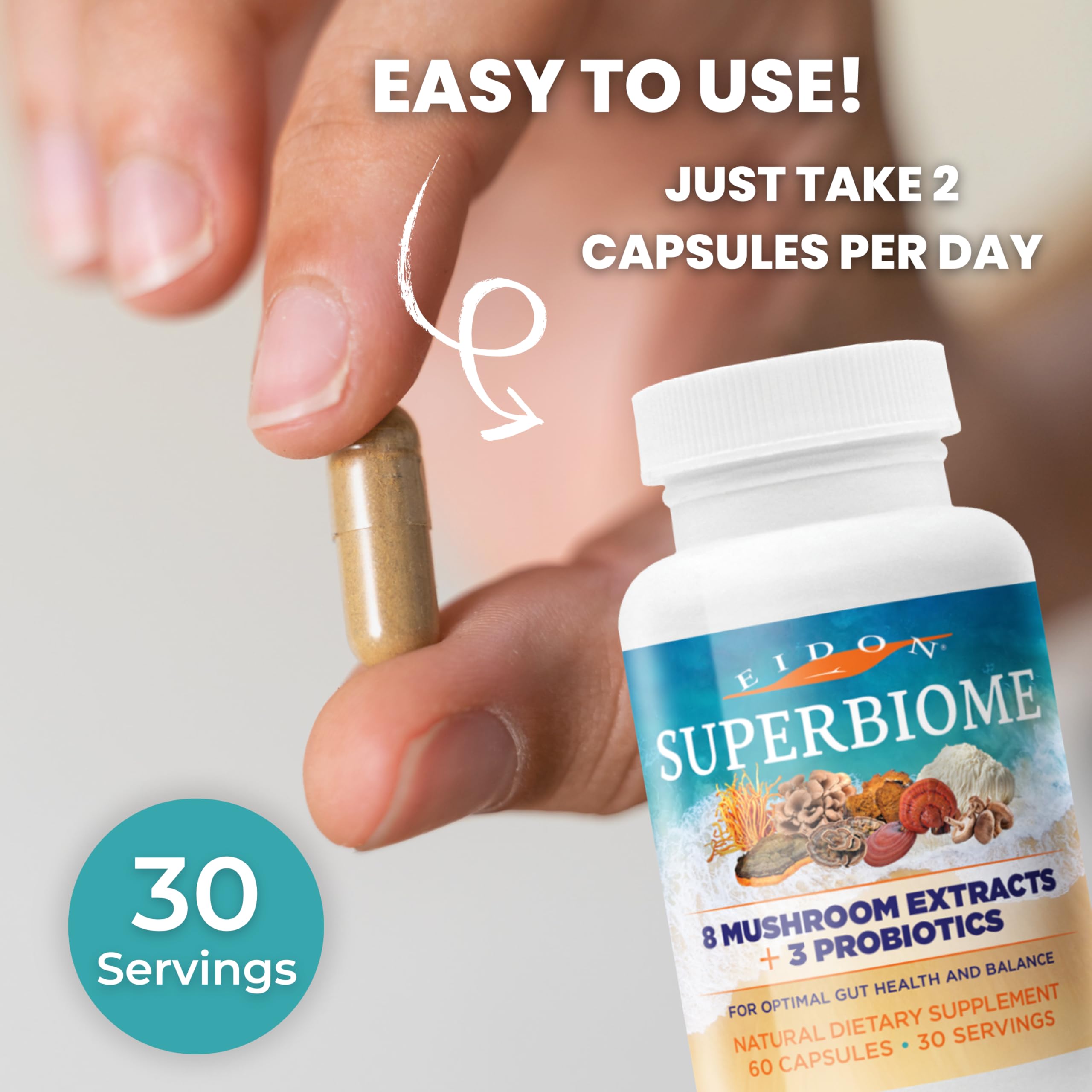 Eidon SuperBiome capsule inside view, 100% organic fruiting body mushrooms and probiotics.