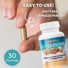Eidon SuperBiome capsule inside view, 100% organic fruiting body mushrooms and probiotics.
