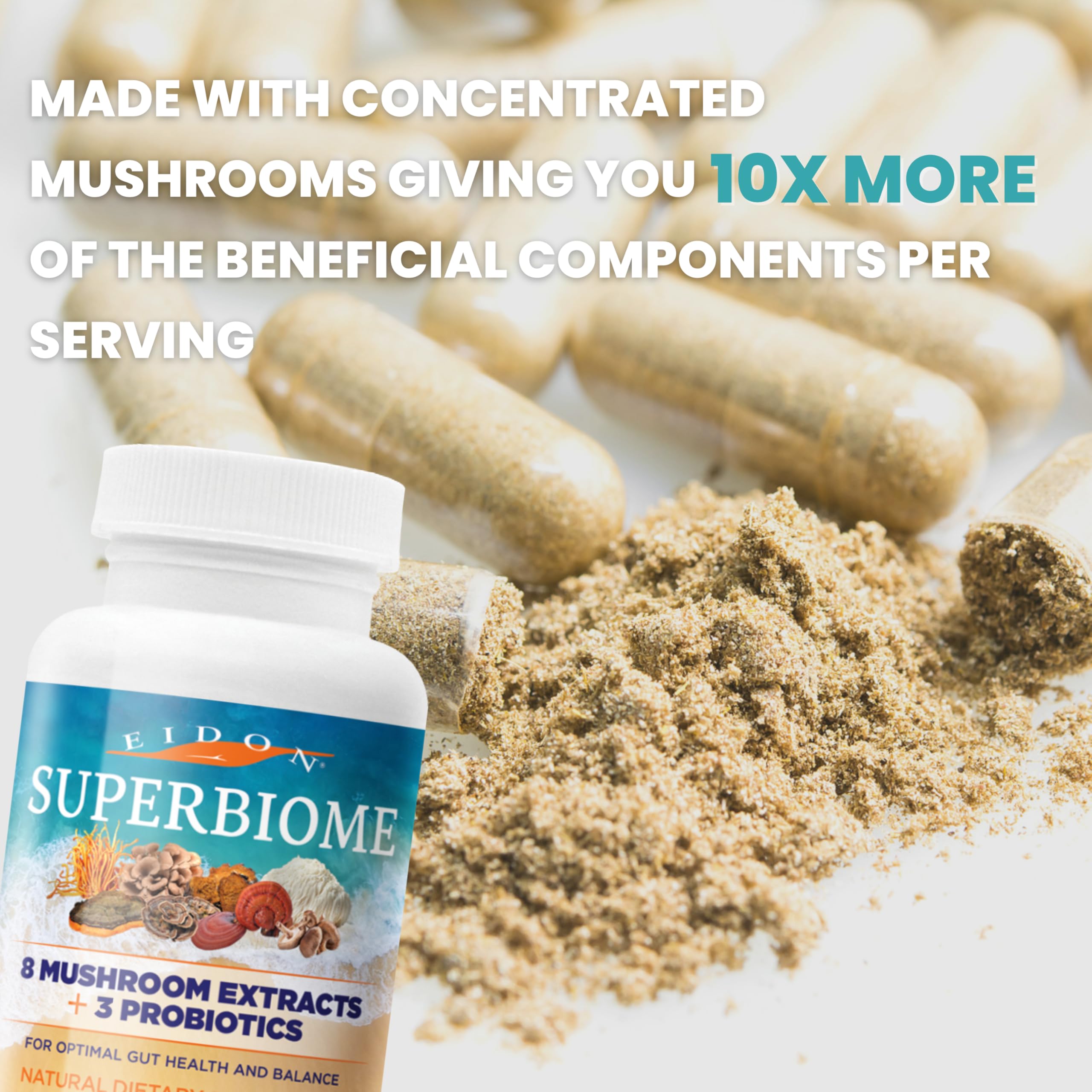 Eidon SuperBiome capsules pile, rich mushroom complex with probiotics for robust gut support.