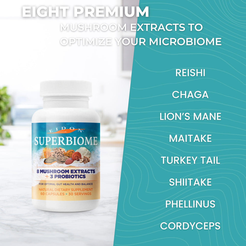 Eidon SuperBiome label front, full-spectrum mushroom extract blend for balanced daily wellness.
