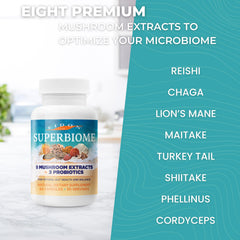 Eidon SuperBiome label front, full-spectrum mushroom extract blend for balanced daily wellness.