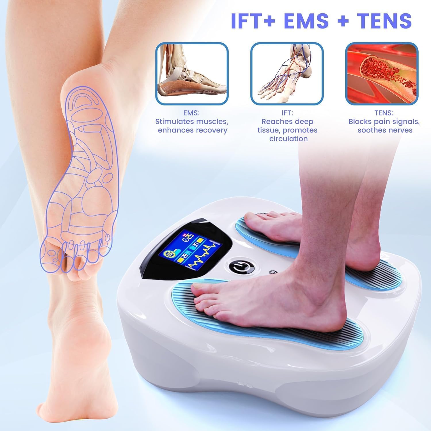 EIGOTDYH EMS Foot Massager Pro+ control panel shows 25 modes and 99 levels