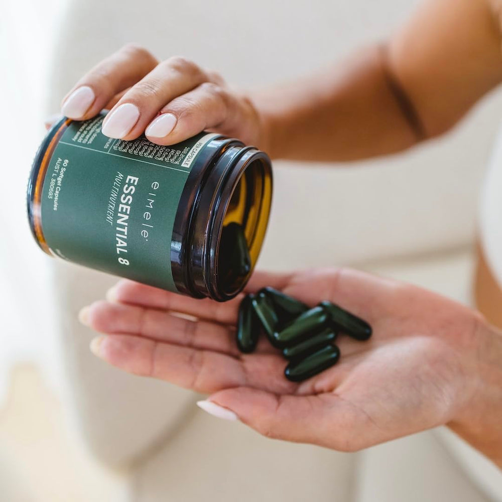 eimele Essential 8 omega-3 DHA softgels for heart and brain nourishment.