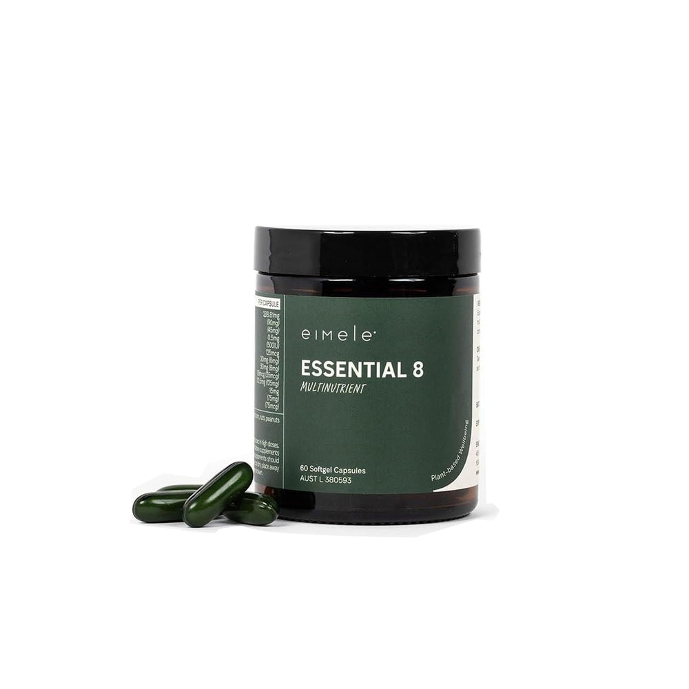 eimele Essential 8 softgels bottle for daily energy and immune support.