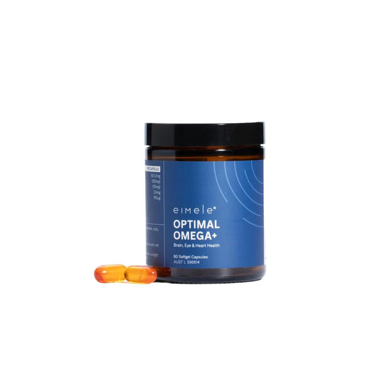 eimele Optimal Omega+ bottle, plant-based omega-3 source for daily brain and heart support