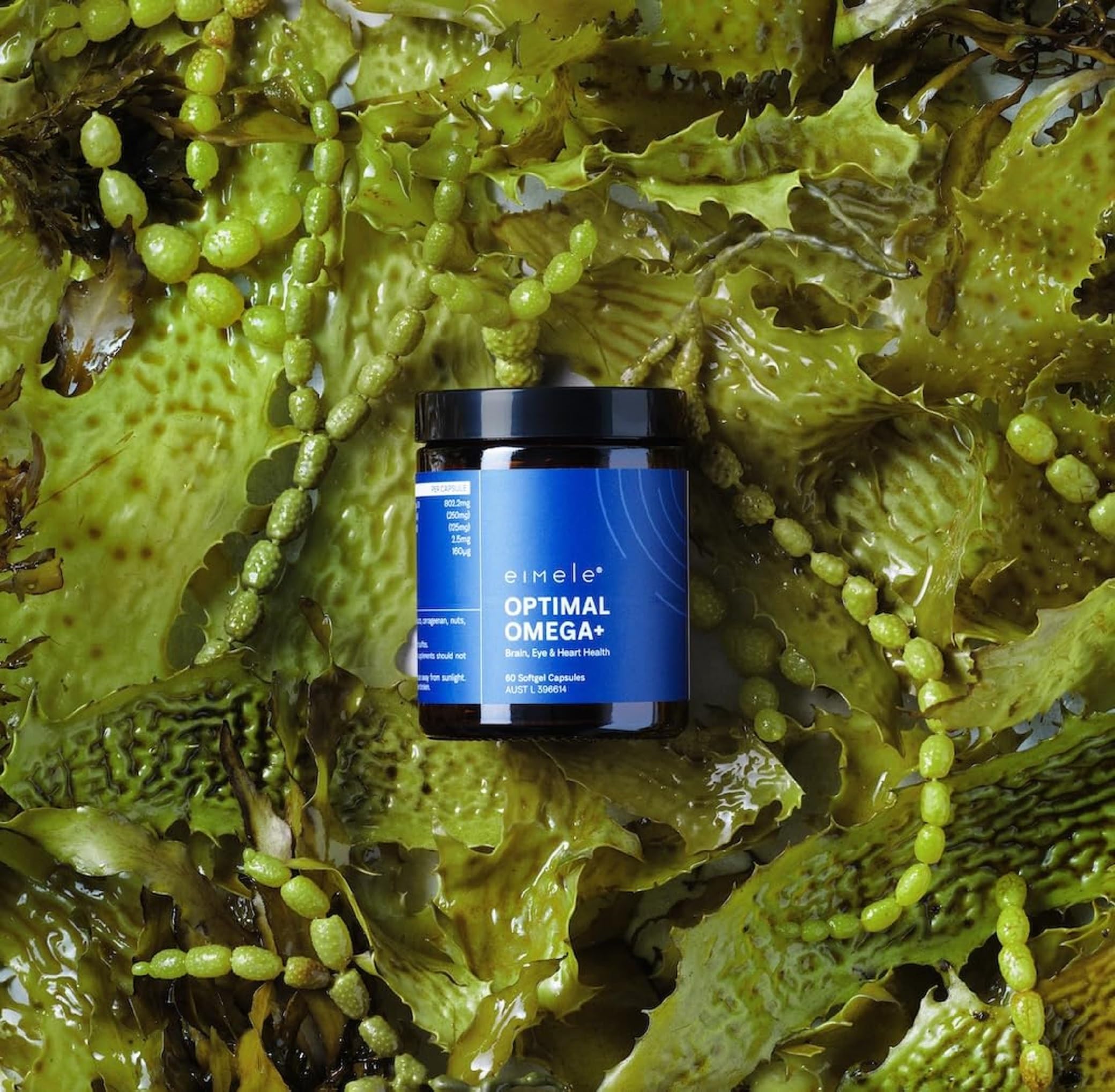 eimele Optimal Omega+ packaging emphasizes vegan, non-GMO formulation