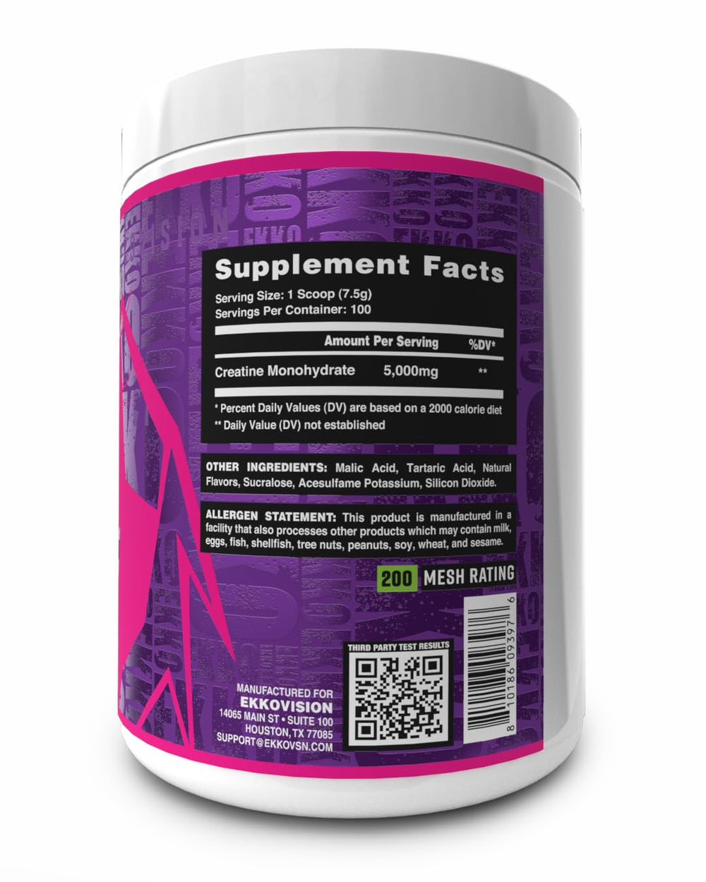 Ekkovision Creatine 100-serving container signals long-lasting supply.
