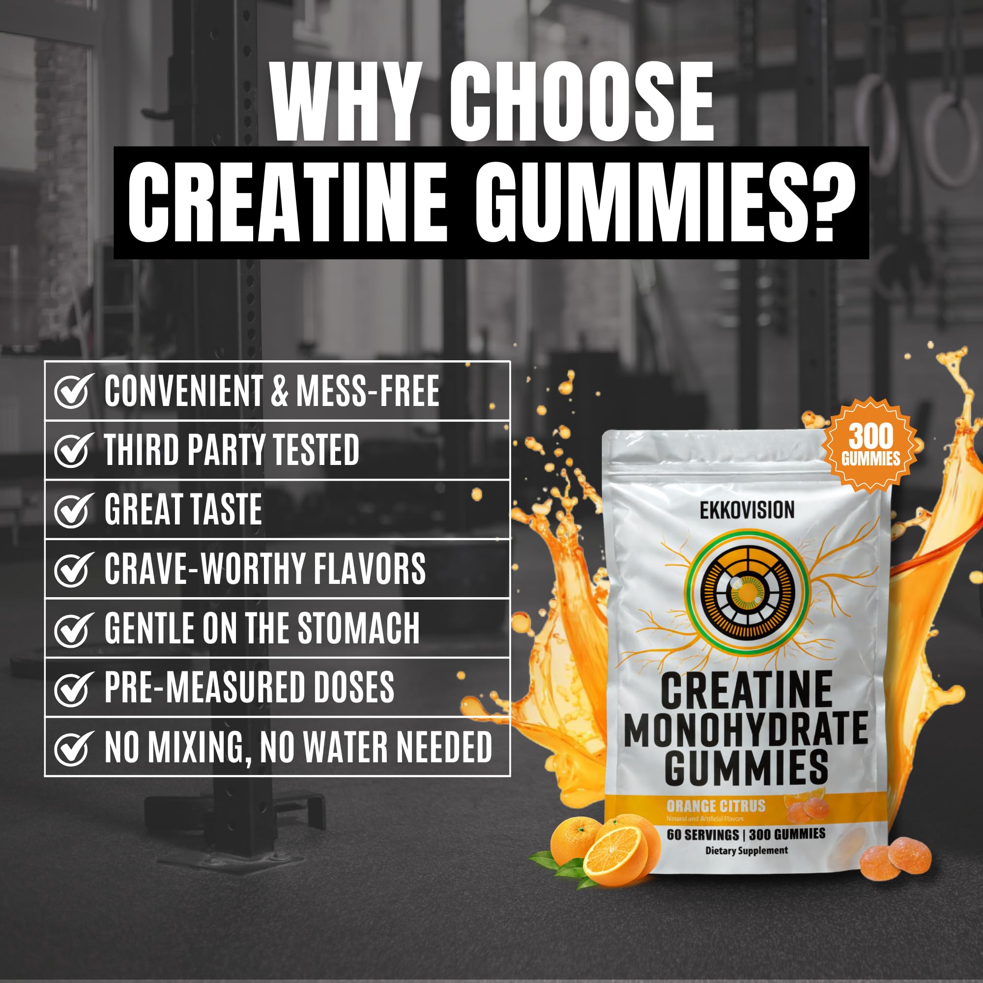 Ekkovision Creatine Monohydrate Gummies texture closeup highlights chewy consistency.