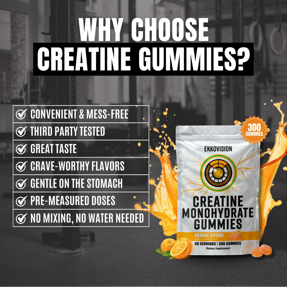 Ekkovision Creatine Monohydrate Gummies texture closeup highlights chewy consistency.