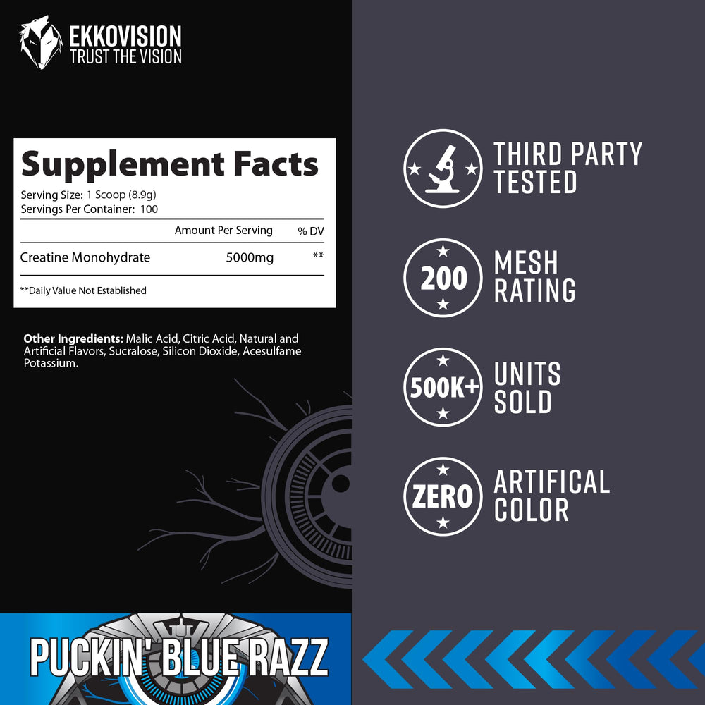 Ekkovision Creatine Monohydrate scoop blends into a smoothie for convenient use