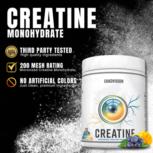 Ekkovision Creatine powder with scoop showing convenient on-the-go use.