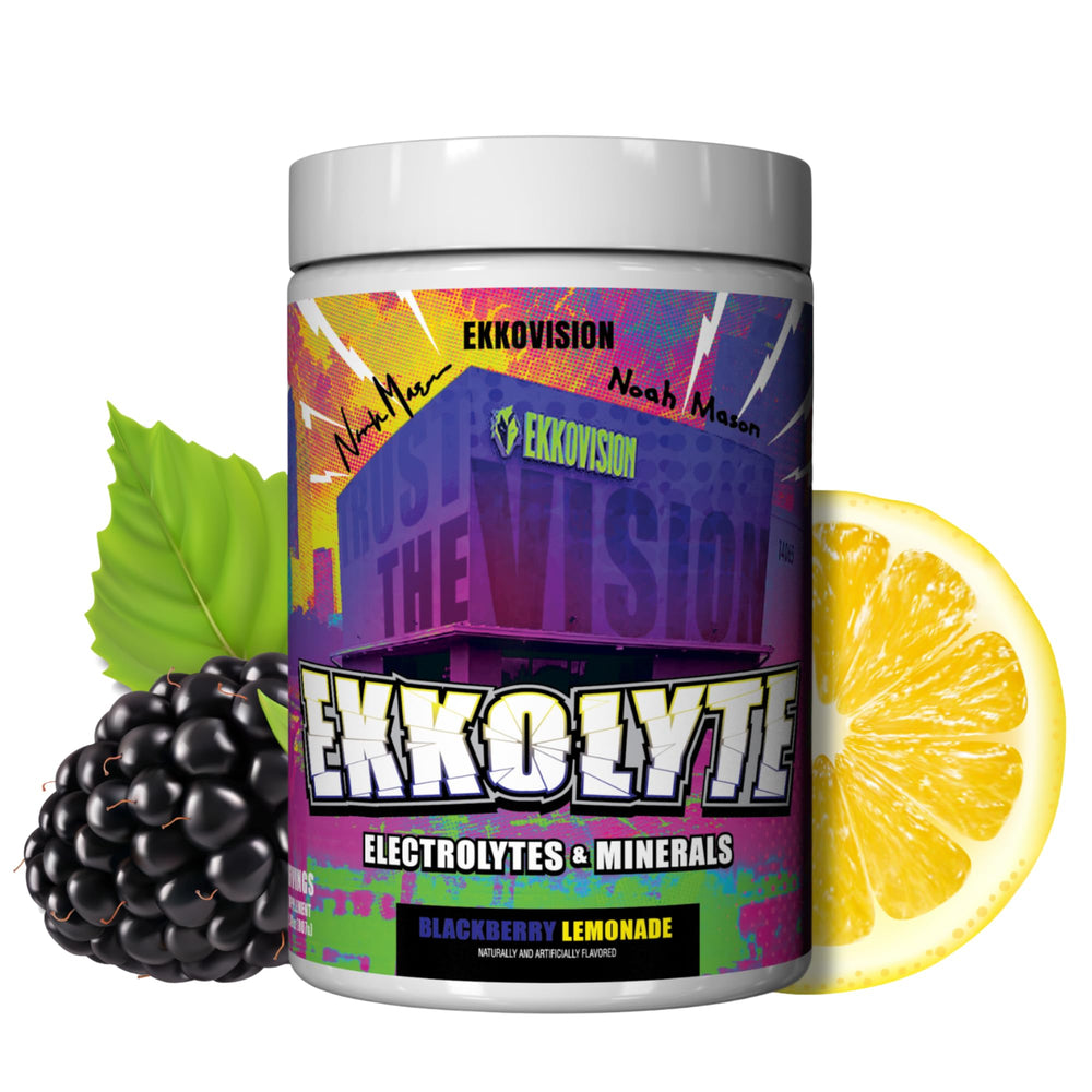 Ekkovision Ekkolyte hydration powder in Blackberry Lemonade ready to mix for hydration.