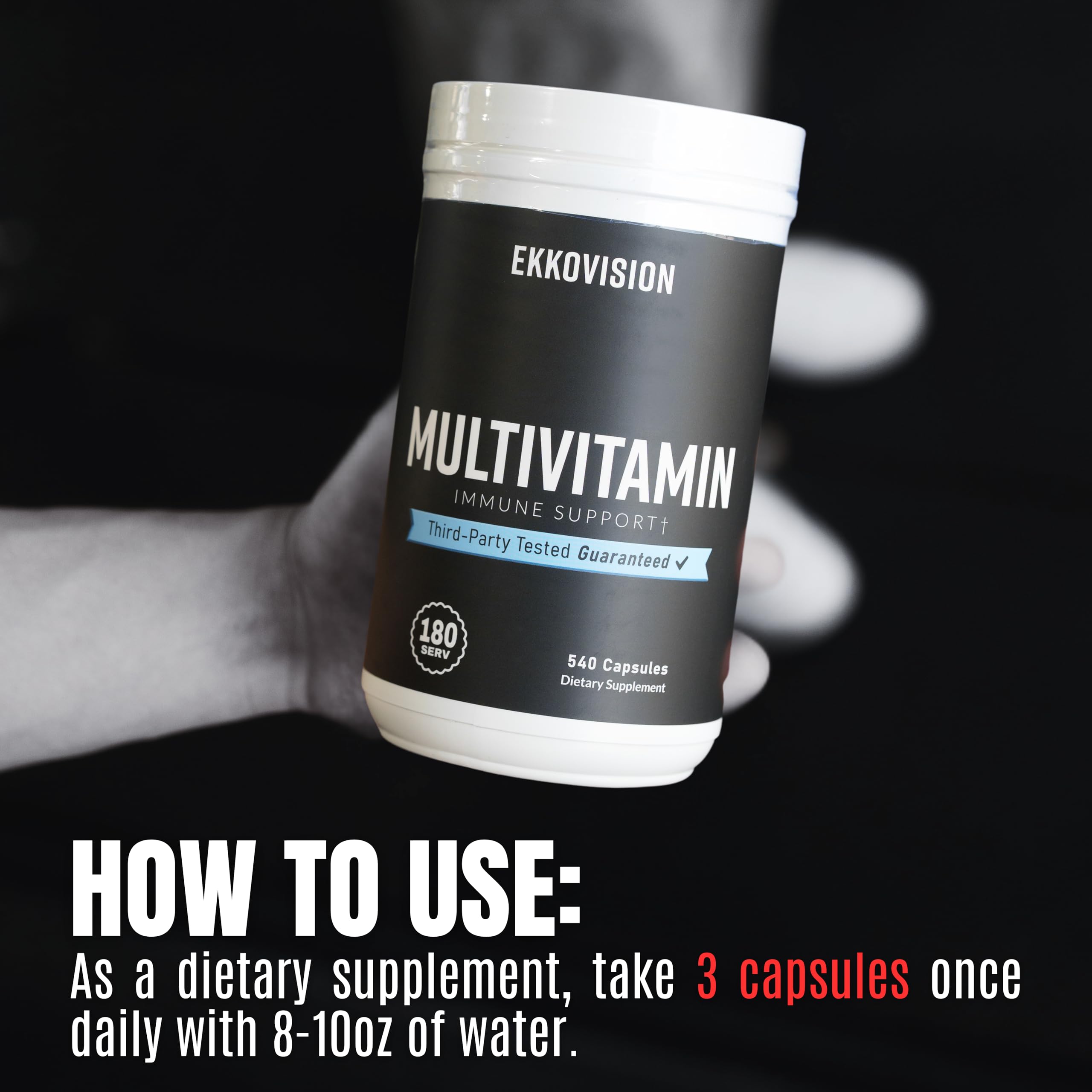 Ekkovision Multivitamin bottle showing 540 capsules for long-term use