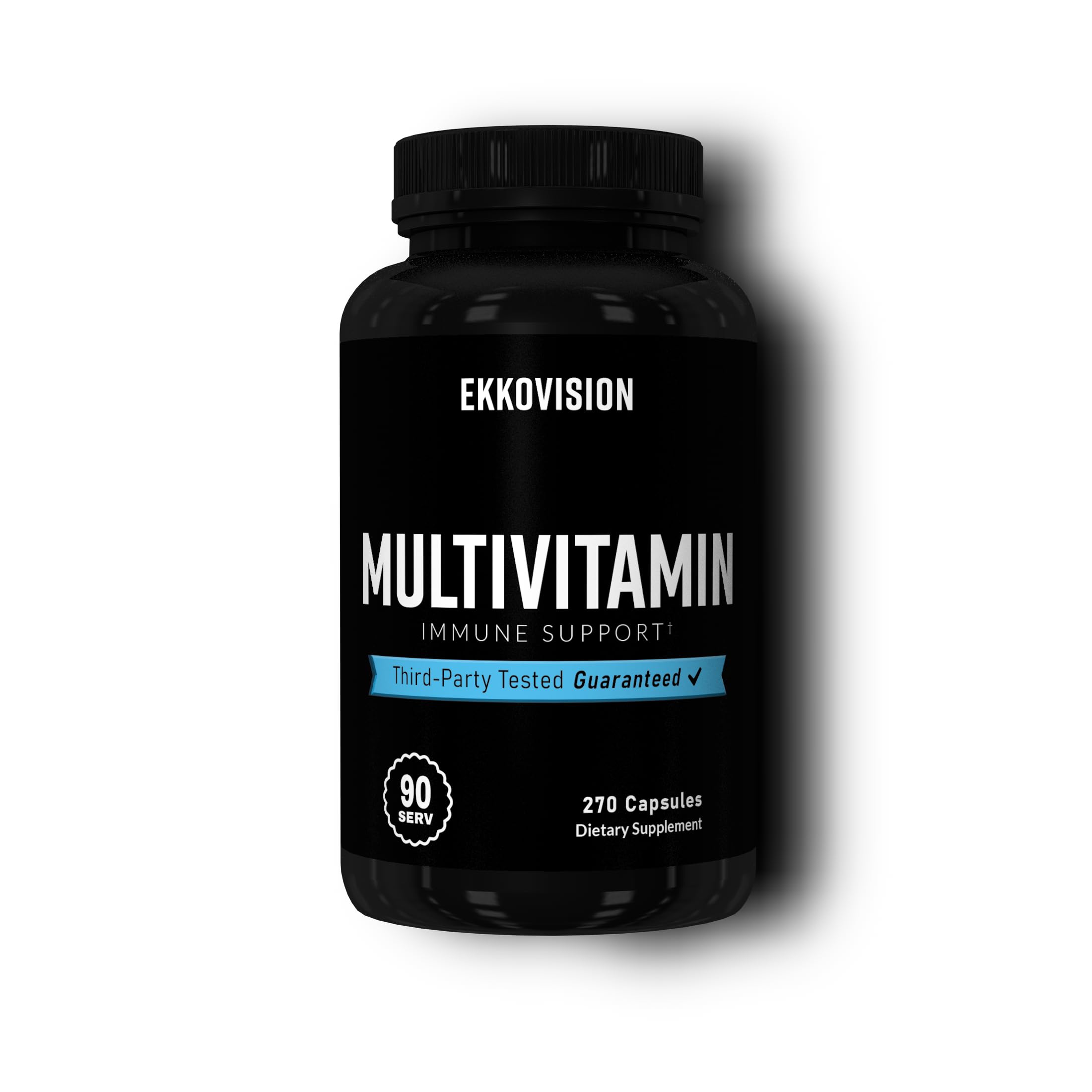 Ekkovision multivitamin bottle front, iron-free plant-based daily wellness