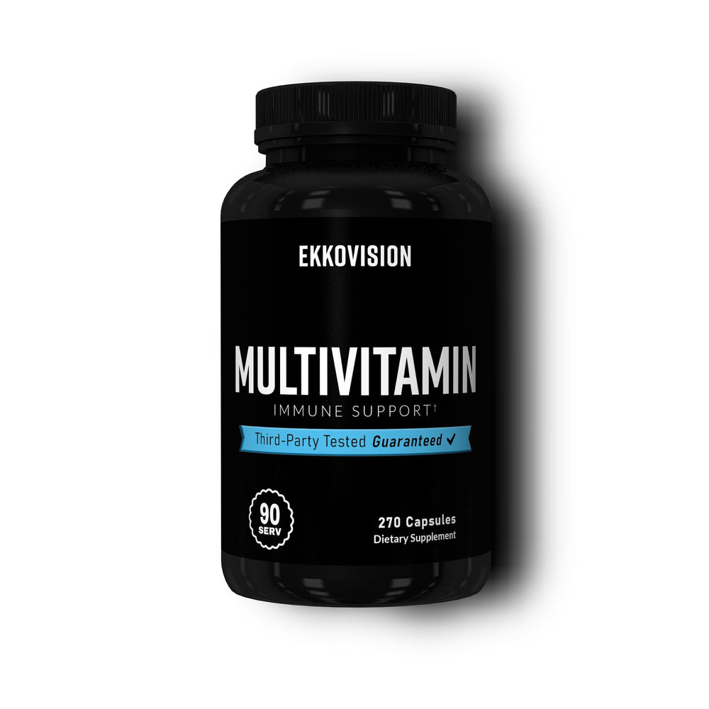 Ekkovision multivitamin bottle front, iron-free plant-based daily wellness