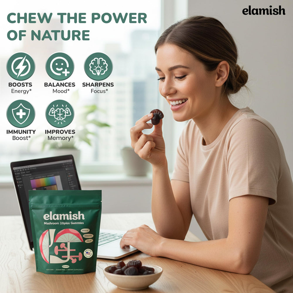 Elamish Mushroom Gummies calm relaxation bottle promotes relaxed focus during busy days