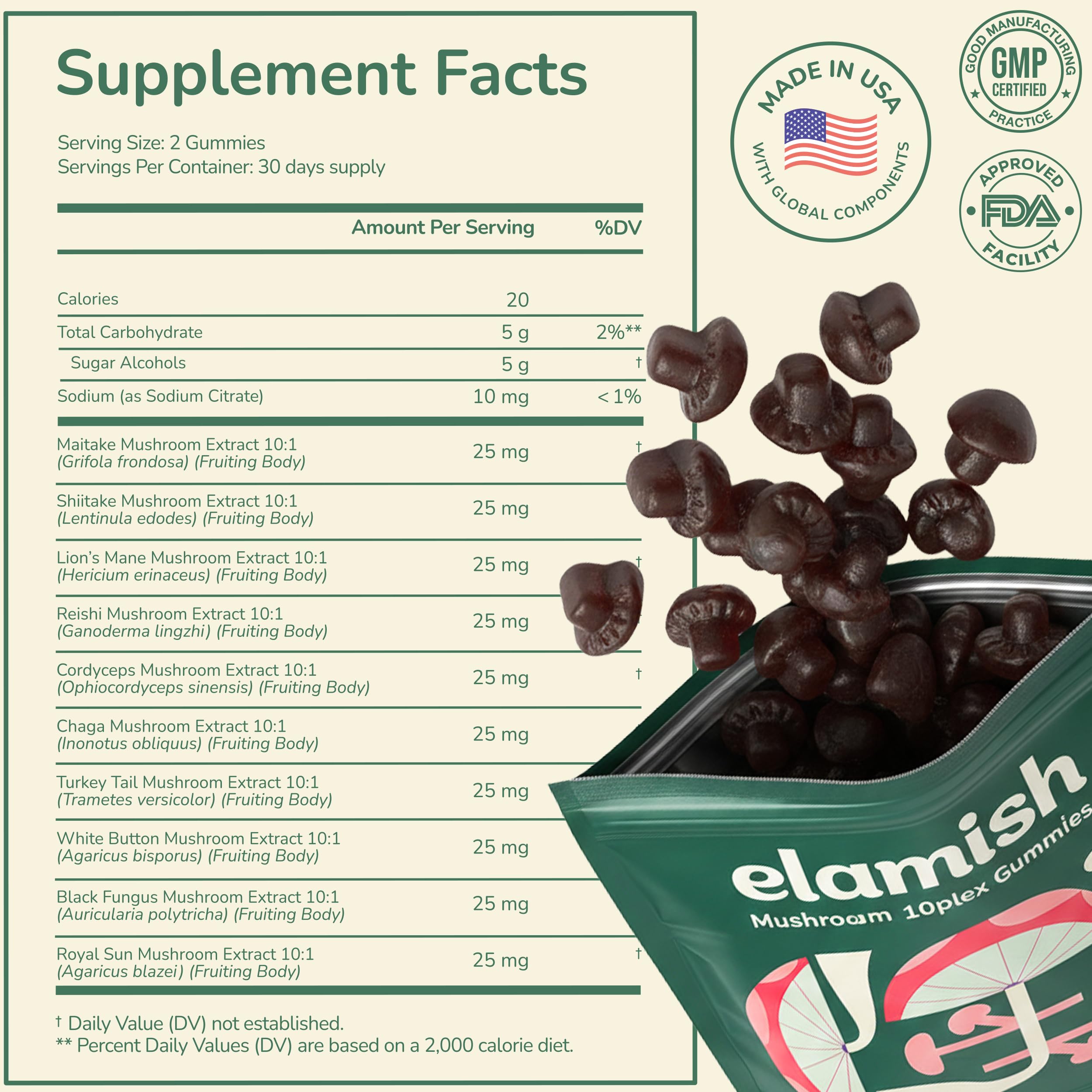 Elamish Mushroom Gummies sugar-free strawberry bottle offers tasty wellness support