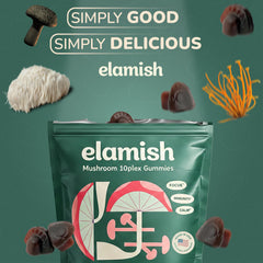 Elamish Mushroom Gummies ten-plex extracts bottle highlights premium fruiting body potency