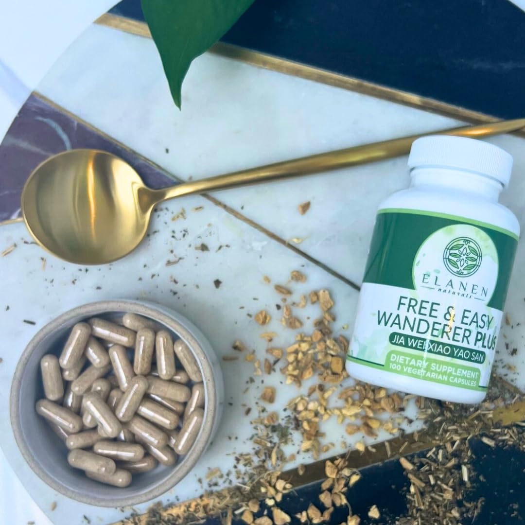 Elanen Naturals Jia Wei Xiao Yao San herbal blend illustration on packaging.